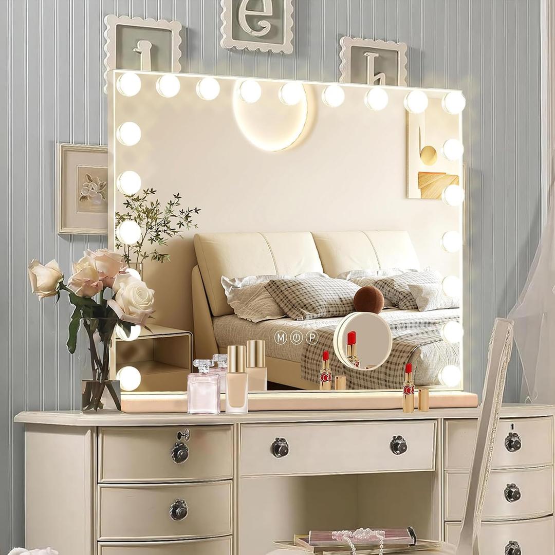 Ratsamee Hollywood Vanity Mirror with Lights, 21 Dimmable Bulbs, 3 Color Lights,Make Up Lighted Mirror, Aluminum Metal Frame, USB Charging Port（40" x 30"）