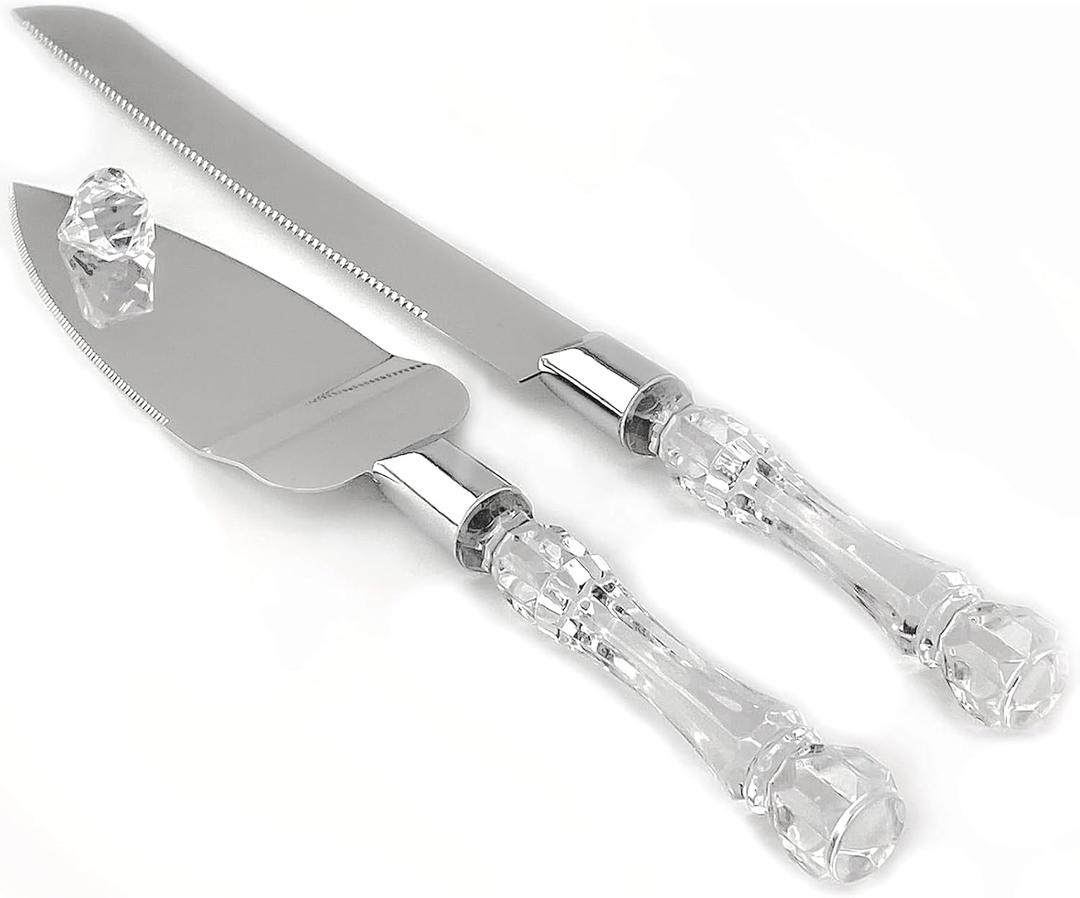 Adorox Cake Knife and Server Set Acrylic Stainless Steel Faux Crystal Handle Holiday Thanksgiving Christmas