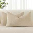 decorUhome Chenille Beige Throw Pillow Covers 12x20 Inch Set of 2, Decorative Soft Couch Pillow Covers Solid Dyed Accent Farmhouse Neutral Rectangle Pillow Cases for Sofa