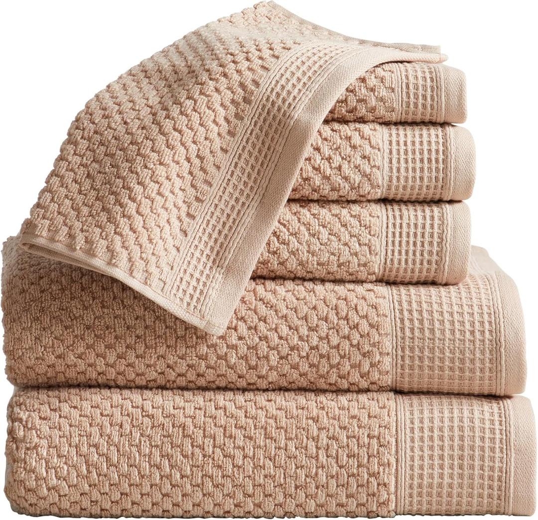 100% Cotton Waffle Textured 6 Piece Towel Set| Super Soft Quick Dry Bath Towels | Decorative Towels for Bathroom | 2 Bath Towels, 2 Hand Towels, 2 Washcloths | Belle Collection (Beige)