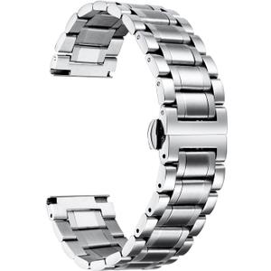 BINLUN Stainless Steel Watch Band 12mm 14mm 16mm 18mm 19mm 20mm 21mm 22mm 24mm Adjustable Metal Link Watch Bracelet with Straight & Curved Ends for Business Daily Wear Men & Women (Silver)