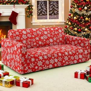 Christmas Sofa Cover for 3 Seaters Snowflakes Sofa Slipcover Stretch Couch Cover with Elastic Bottom for Home Living Room Christmas Decoration (63 x 77 Inch)