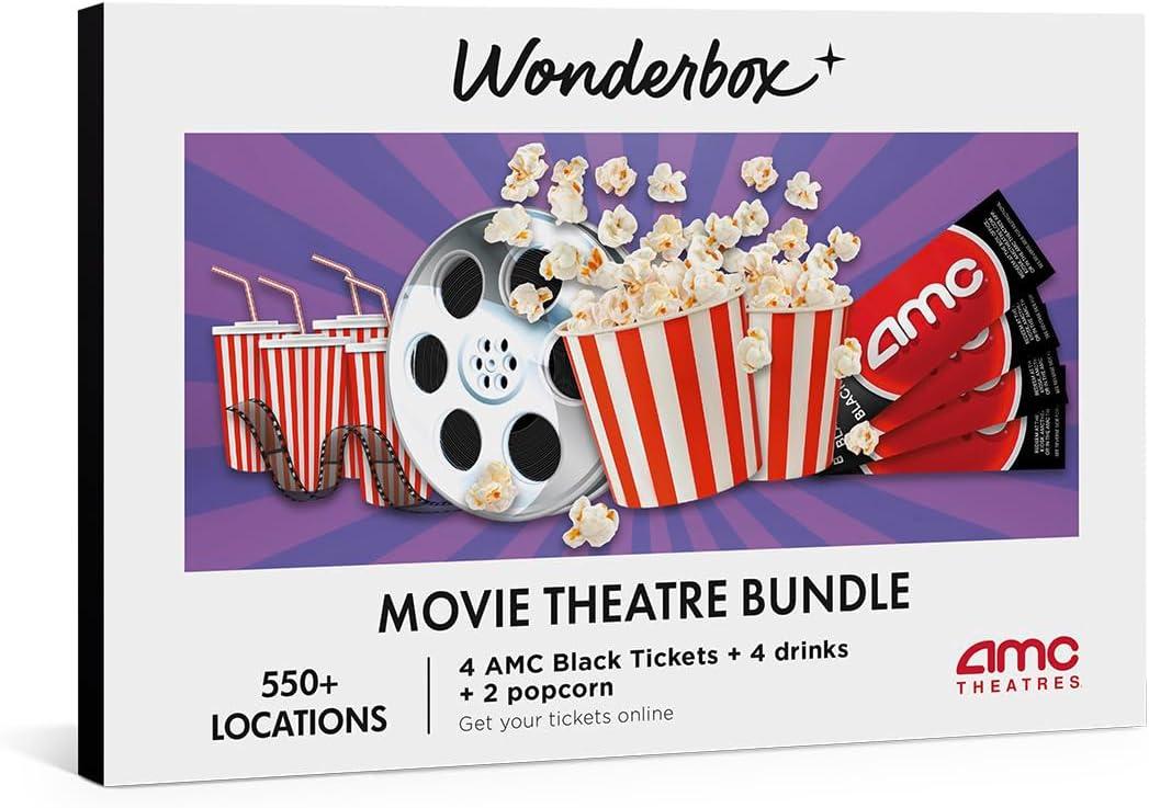 WONDERBOX  AMC Movie Theatres Bundle - 4 Black Tickets + 4 Drinks + 2 Popcorn  Original Gift Idea - Experience Gift - 550 Locations in The US