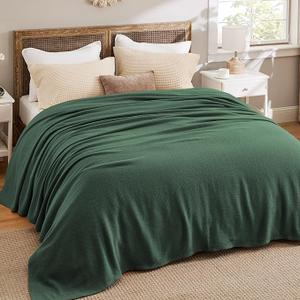 Bedsure 100% Cotton Blanket King Size for Bed - Breathable and Lightweight, Soft Cozy Textured Herringbone Woven Blanket for Summer, Dark Green, 108x90 inches