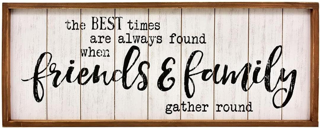 The Best Times Friends & Family Rustic Wood Sign, Farmhouse Wall Decor with White Slat Background and Natural Wood Frame, 30x12 Inch Inspirational Quote Plaque