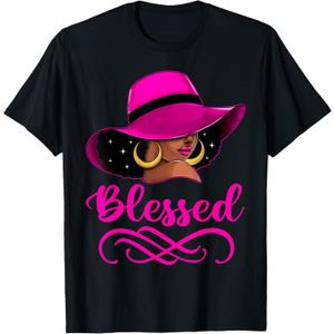 Blessed African American Afro Black Women with Hat Christian T-Shirt, Large