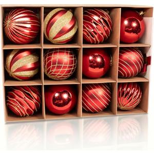 12PCS Red Gold Christmas Ball Ornaments, 3.15" Large Shatterproof Plastic Hand-Painted Glitter Xmas Tree Decorations (Red & Gold)