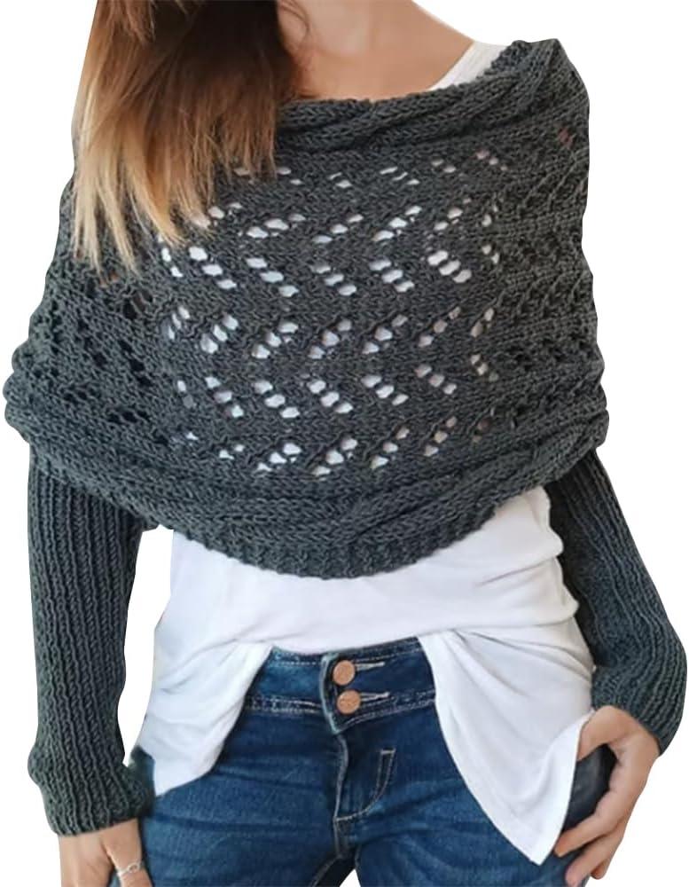 Knitted Cable Wrap for Women Multifunctional Scarf with Sleeves Crochet Sweater Scarf with Sleeves (Dark Grey)