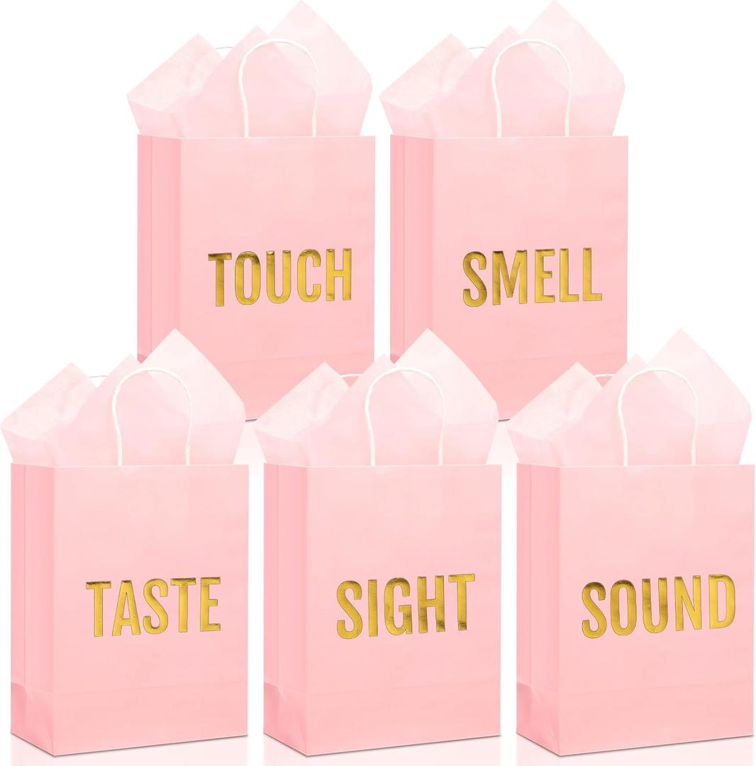 Kolldenn 5 Senses Gift Bags for Him for Her with 10 Pcs Tissue Paper, Paper Bags with Handles Five Senses Gifts for Valentines Christmas Birthday Wedding Anniversary (Pink,8.3 x 4.3 x 10.6 Inch)