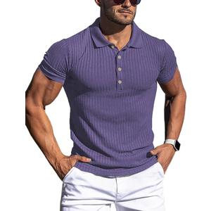 URRU Men's Muscle T Shirts Stretch Short Sleeve Workout Tee Casual Slim Fit Polo Shirt (Large)