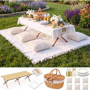 Huwena 151 Pcs Picnic Set Folding Picnic Table 59'' x 23.6'' Extra Large Outdoor Boho Blanket Empty Picnics Baskets Tablecloth Beige Table Runner 6 Pillow Cover Plates and Cutlery Set for Camp Wedding