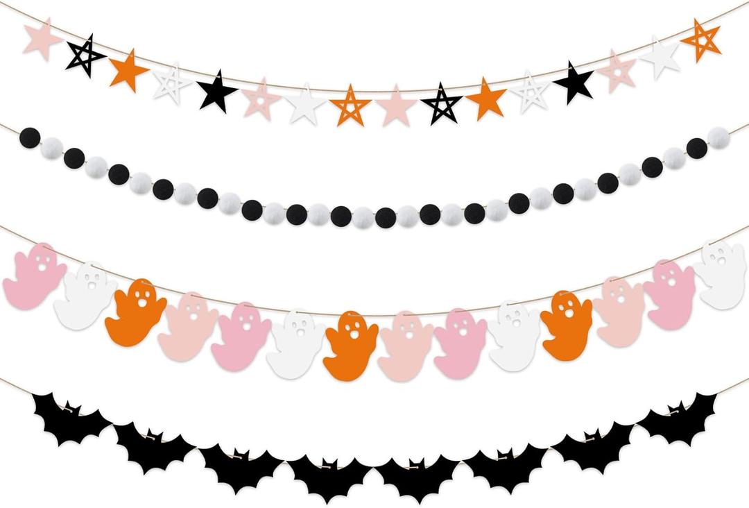 Breling 4 Pcs Halloween Ghost Garland Banner Pink Black White Orange Ghost Bats Pompom Stars Hanging Banners Halloween Party Banner Decorations for Houses Doorways Haunted Indoor Outdoor Home Decor