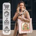 KEUSPI Christmas Tree Gingerbread House Tote Bag for Women, Preppy Christmas Canvas Tote Bag, Pink and White Striped Xmas Ginger Bread Reusable Shopping Grocery Bags