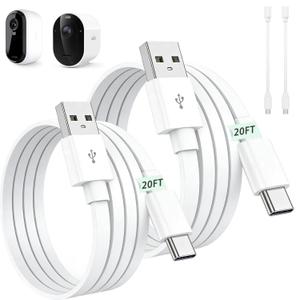 20FT Charging Cable Compatible with Arlo Essential 2K, Alro Essential 2nd Gen/(3rd Gen) , Arlo Pro 6,Arlo Pro/Pro2,Flat Charging Cable,Long Flat USB C Extension Cable with Micro USB Cord--2Pack