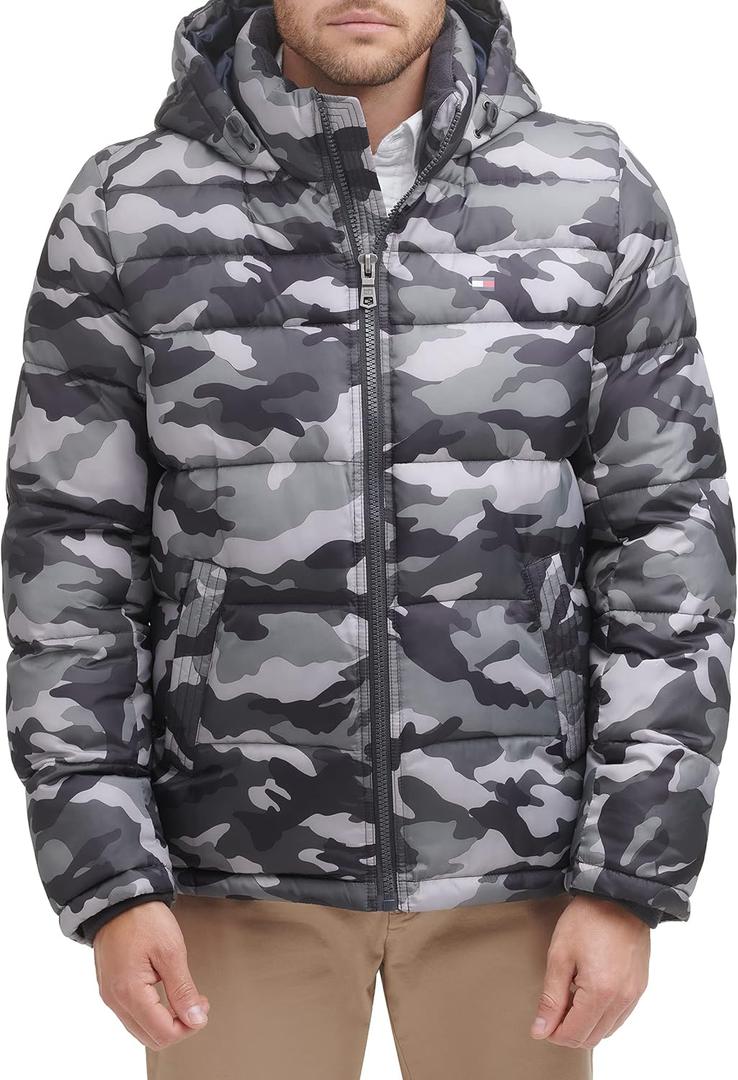 Tommy Hilfiger Men's Down Alternative Hooded Puffer Jacket (Standard and Big & Tall) (3X-Large Tall, Grey Camouflage)
