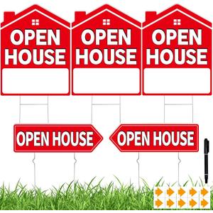 Open House Signs for Real Estate 5 Pack, 17"x13" Open House Sign Double Sided Waterproof, Directional Arrows with Metal Stakes for Real Estate Agent, Property Sale Red