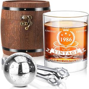 LIGHTEN LIFE 40th Birthday Gifts for Men,1986 Whiskey Glass Set in Barrel Box,40 Years Old Gifts,40th Birthday Gift Ideas for Dad Husband