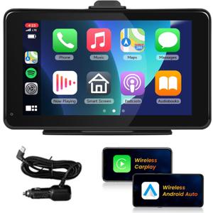 Portable Wireless CarPlay Screen for Car,7inch 1080P HD IPS Touchscreen Car Stereo with Wireless Android Auto,Portable Car Radio Support HD Backup Camera,Mirror Link,Bluetooth,FM,GPS,Voice Control,AUX