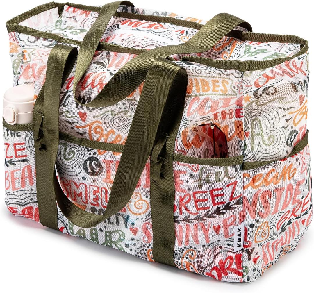 KUAK Mesh Beach Bag, Large Beach Tote with Top Zipper, 9 Pockets, Inner Waterproof Pocket for Family Pool Vacation Essentials (Colourful)