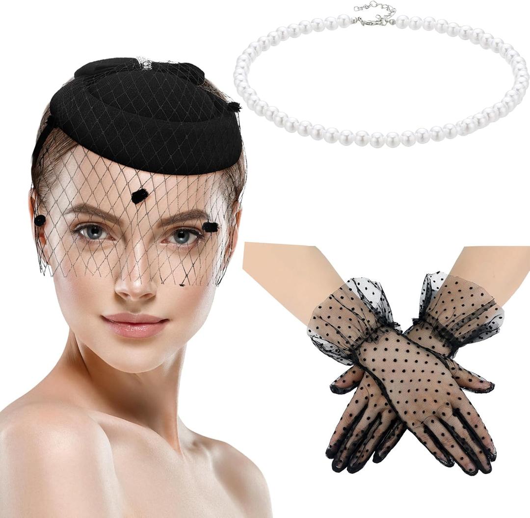 Geyoga 3 Pcs Fascinators Tea Party Hat Set Funeral Veil Hat Lace Gloves and Pearl Necklace Cocktail for Halloween 20s 50s (Black)