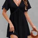 BMJL Women's Swimsuit Coverup V Neck Beach Cover ups Short Sleeve Flowy Bathing Suit Cover up(Black,M) (Black, M)