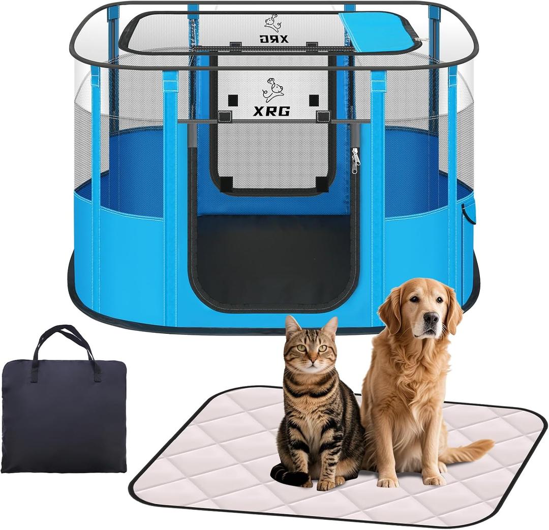 Portable Pet Playpen with Waterproof pad, Collapsible Crates Kennel Playpen for Dog cat and Rabbit &Travel playpen Outdoor or Indoor (Medium31.5" L x 23.6" W x 21.7" H, Clear Blue)