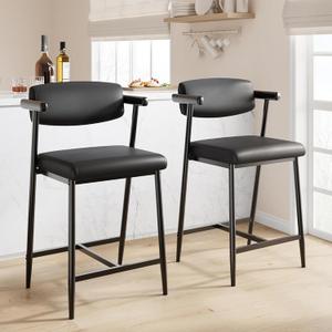 GarveeHome Bar Stools Set of 2, 26.5 in Upholstered Counter Height Bar Stools for 2 with Armrest, Wider Thickened Cushion, Bar Chairs with Backrest for Bar, Dining Room, Kitchen, Retro Black