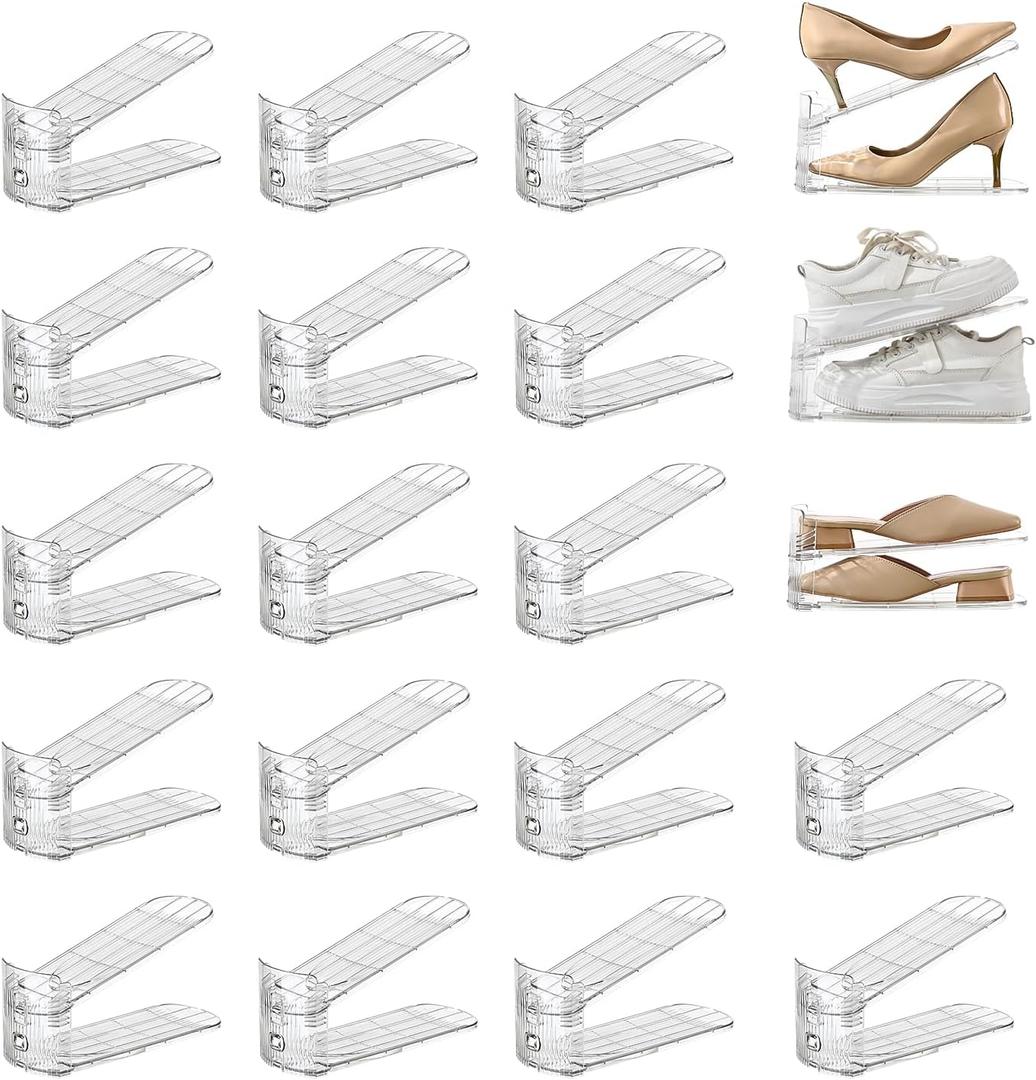 20 Pack Shoe Slots Organizer Adjustable Level Shoe Stacker Holder Storage Space Saving Sneakers Display Tray Rack for Closet (Transparent, 20 Pack)