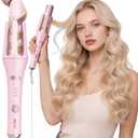 Automatic Curling Iron, Long Barrel 1.5 inch Rotating Curling Iron Wand for Womens Long Hair, Ceramic Hair Curlers with 2-Way Opening, Dual Voltage, 600M Ions for Bouncy Waves, Pink