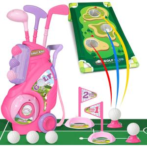 Toddler Golf Set for Boys Girls 1 2 3 4 Years Old, Upgraded Kids Golf Cart with Putting Mat & Cornhole Board, Outdoor Indoor Sports Toys, Pink
