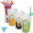 100 Pcs Zipper Plastic Pouches Drink Bags, Heavy Duty Hand-Held Translucent Frosted Reclosable Stand-up Bag 2.4" Bottom Gusset with 100 pcs Straws & Funnel Included