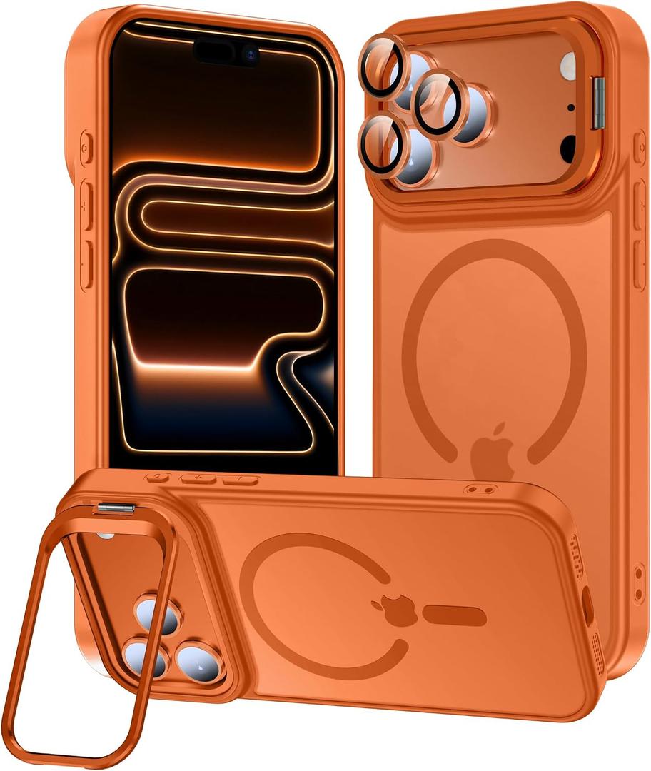 TOBOVON for iPhone 17 Pro Max Case, Fits MagSafe, with Built-in Camera Ring Stand & Lens Protector, Slim Translucent Matte Military-Grade Drop Protection Magnetic Cover, Orange