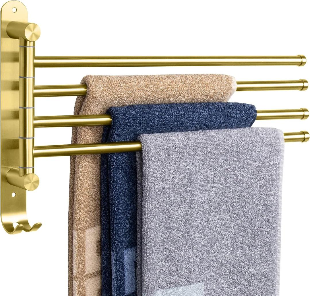 NearMoon Swivel Towel Rack, 13.8" Thicken 304 Stainless Steel 4-Arm Towel Bar, Space Saving Wall Mounted Towel Holder with Hook, Rustproof Swing Out Towel Hanger for Bathroom, Kitchen (Brushed Gold)