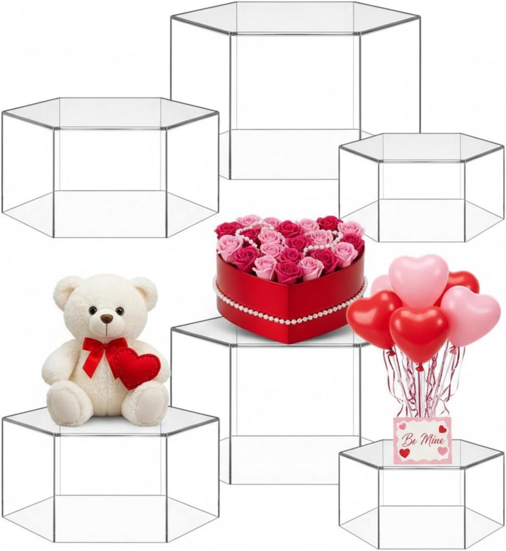 Jerify 6 Pcs Acrylic Risers Display Stands, 5.91'' 5.12'' 3.54'', Clear Hexagon Nesting Pedestal Shelf with Hollow Bottom for Tabletop Jewelry Display, 3 Sized