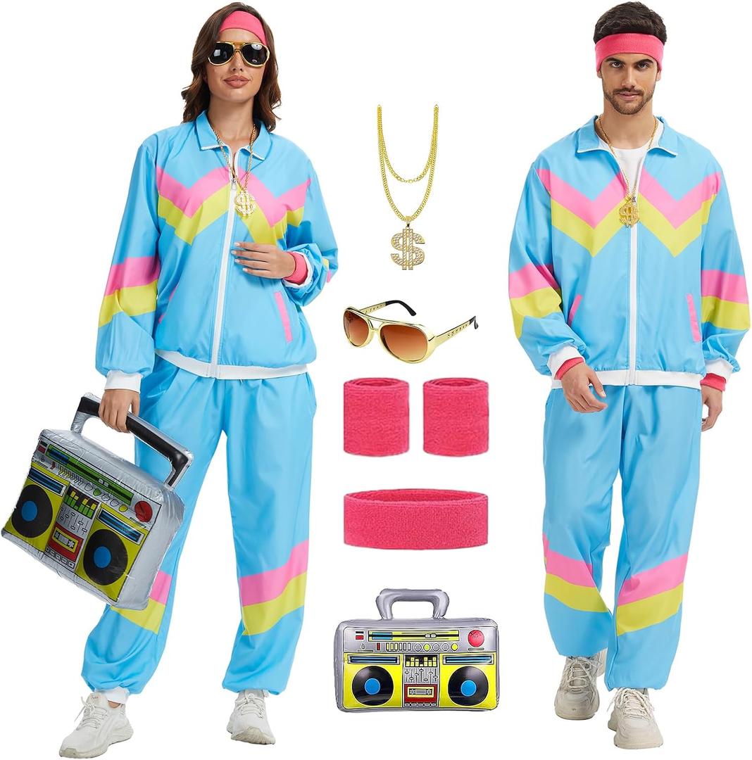 80s Outfit for Men Women-One Set 80s 90s Costumes with Accessories-Couples Track Suits for Halloween Carnival Party (X-Large, Blue)