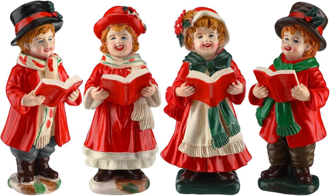 Thyle 4 Pcs Christmas Resin Figurines Table Decoration Christmas Carols Collectible Figurines Xmas Resin Table Centerpieces Xmas Carolers Tabletop Decor for Indoor Home Shelf Sitters Decor