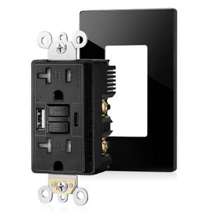 SURAIELEC 20 Amp GFCI Outlet with USB Ports, Self-Test GFCI Combination with USB-C & USB-A, Tamper-Resistant GFCI Electrical Outlet, GFCI Outlet with Screwless Wall Plate, ETL Listed,Black