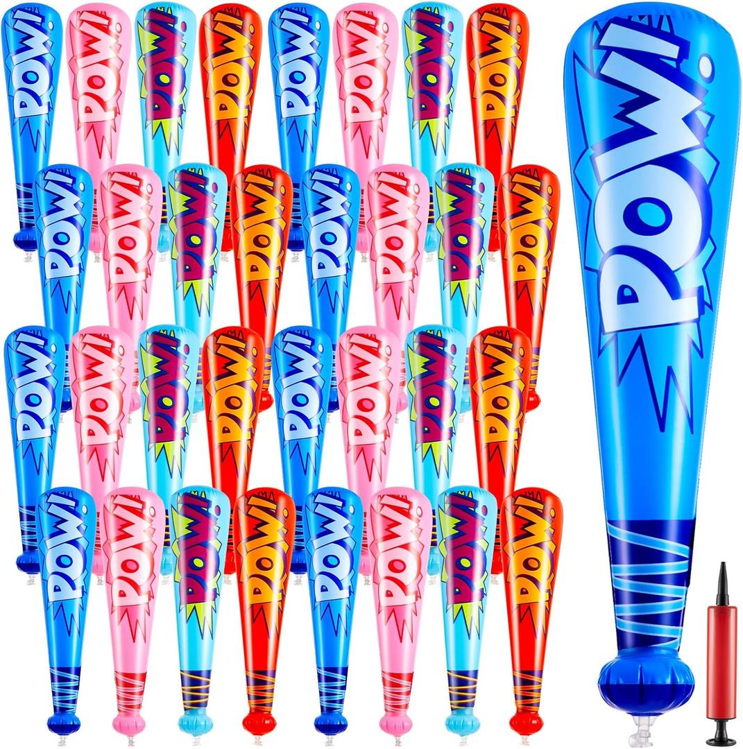Seematn 32 Pcs Mardi Gras Throws Bulk Pow Inflatable Baseball Bats 17 Inch Inflatable Blow up Bats for Kids Carnival Game Prizes Bulk Carnival Hero Sports Prizes Favors (Blue,Dark Blue,Pink,Red)