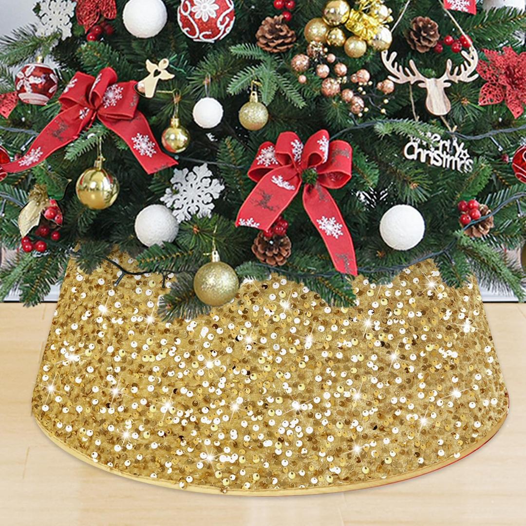 MODFUNS Gold Christmas Tree Collar Sparkling Xmas Tree Base 24 Inch Sequined Velvet Tree Skirt Christmas Decorations Bling Xmas Tree Ring Rustic Shiny Sequins Tree Basket for Winter Holiday Home Party (23.6 Inch)