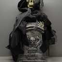 Haunted Hill Farm 3-Ft Rising Reaper with Tombstone, Halloween Accessory, Creepy Horror Movie Skeleton Prop, Spooky Occult Skull Dcor, Scary Indoor Party Decoration, Touch-Activated Lights & Sound