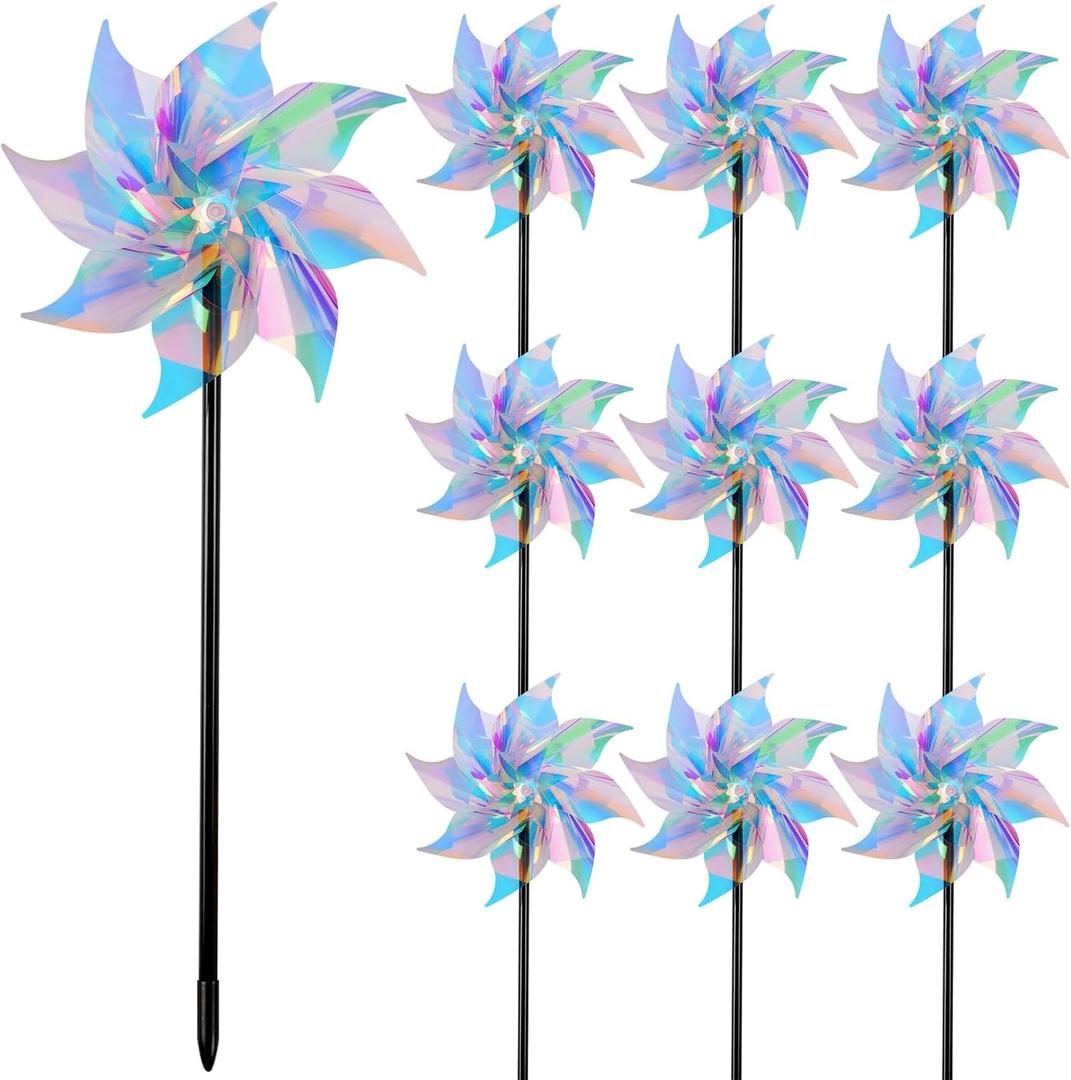 Hausse 10 Pack Reflective Pinwheels Wind Spinner, Extra Sparkly Pinwheel with Stakes, Bird Repellent Blinder Devices Deterrent to Scare Birds Away from Yard Patio Farm Garden, Transparent Rainbow
