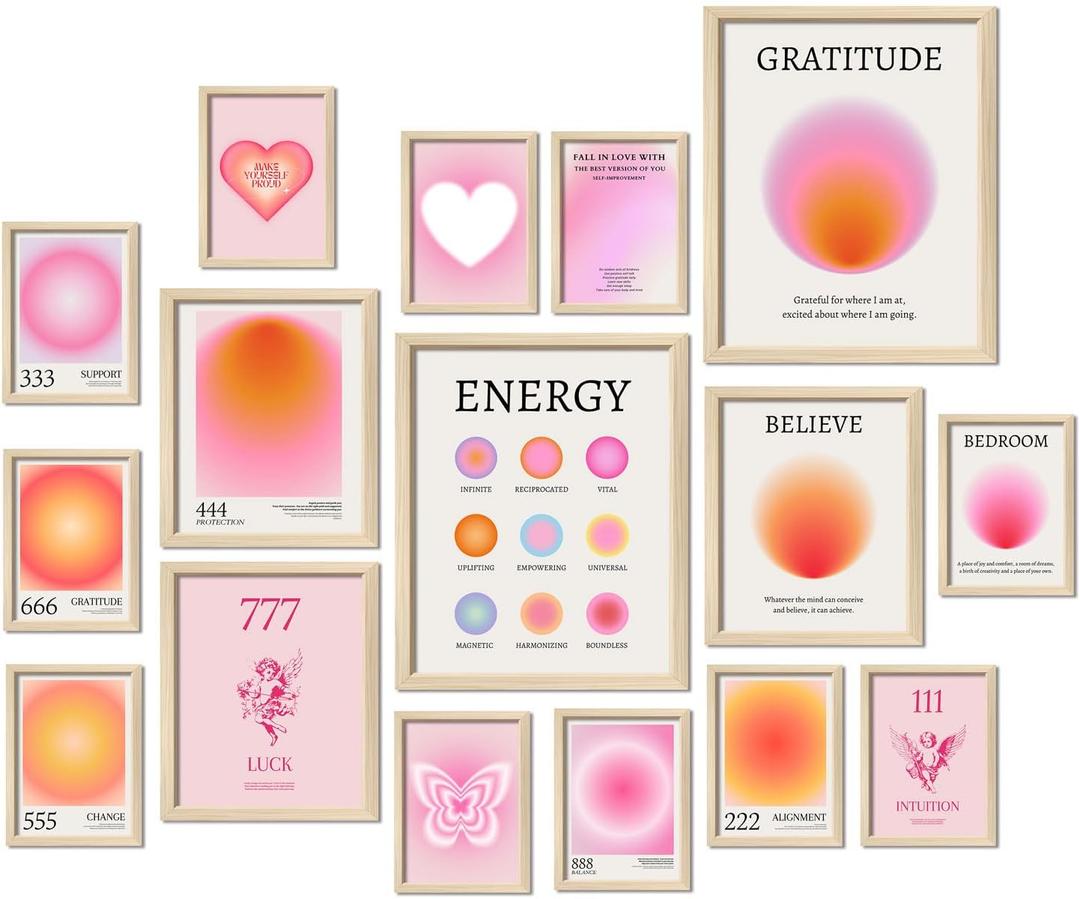 16 PCS Aura Angel Numbers Room Decor, Wall Art Prints for Bedroom, Posters for Room Aesthetic, Wall Collage Kit Pictures for Living Room, Inspirational Quotes, Cute Trendy Dorm Gallery Home (11"x14" Unframed, Pinkish-orange)
