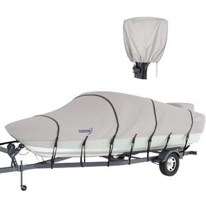 Tuszom 100% Waterproof 1200D Solution-Dyed Boat Cover with 17 Windproof Straps for Trailerable Fits V-Hull, Tri-Hull Bass, Runabout, Fishing, Ski,Bass Boat 17' - 19' L, UP to 96" W (Gray)