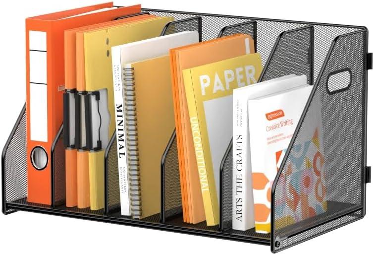 SUPEASY Binder Organizer, Magazine File Holder with 5 Vertical Compartments Rack, Metal Desk File Organizer & Binder Holders, Magazine Organizers for Office Desktop, Home, School, Classroom (Black)