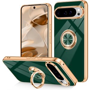 Dinick for Google Pixel 10/ Pixel 10 Pro Case with Ring Holder Kickstand, Soft TPU Gold Plated Cover, Anti-Scratch, Shockproof Protection, Slim, Magnetic Stand Case for Google Pixel 10/10 Pro, Green