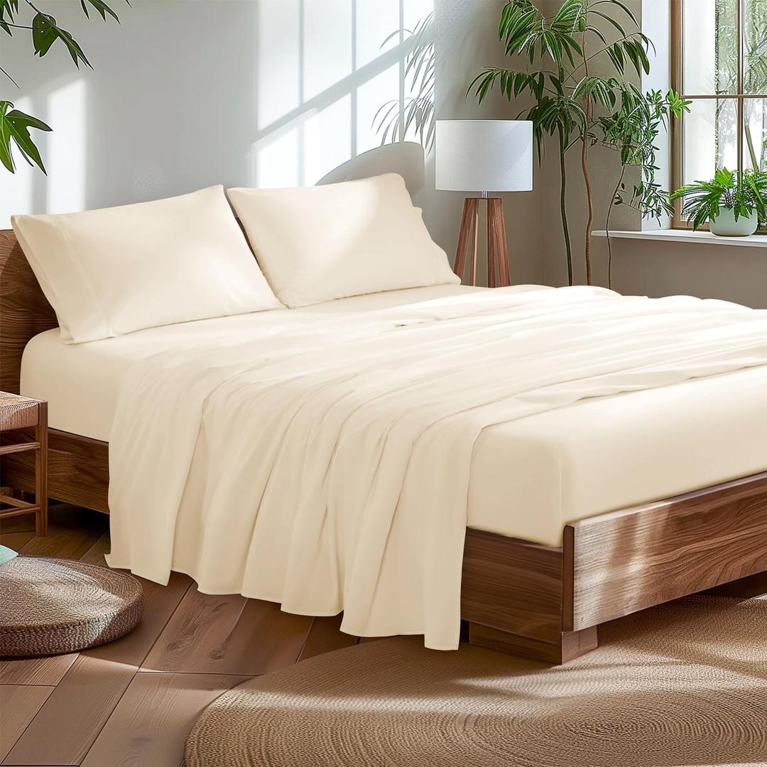 1000 Thread Count 100% Egyptian Cotton Queen Size Sheets Set - Sateen Soft Silky Breathable Luxury Cooling 4 Pieces(Queen,Beige)