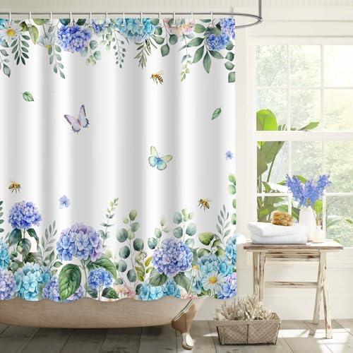 APROPHIC Floral Hydrangea Shower Curtain for Bathroom Decor, Blue Hydrangea Branches Butterfly Plants Curtain Set, Farmhouse Waterproof Fabric Shower Curtain with Hooks Machine Washable 72x72in