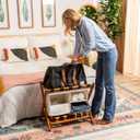 Fully Assembled Walnut Bamboo Folding Luggage Rack for Guest Room, 26.75" Folding Suitcase Stand with Removable Laundry Bag & Storage Shelf, Heavy Duty Foldable Luggage Stand for Bedrooms, Hotels, Airbnbs Holds 215lb