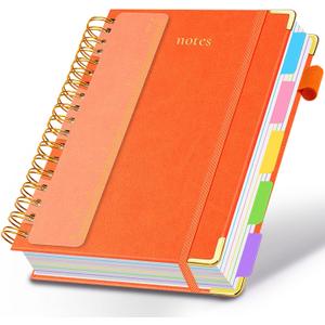 Hardcover Spiral Notebook 8.5"x11" Journal Notebook with Tabs and Removable Dividers 300 Pages 5 Subject Notebook College Ruled, Faux Leather Spiral Bound Notebook for Women School Work (Orange)