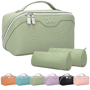 BOYATU Travel Makeup Bag Organizer Cosmetic Bag: 3 Pcs Set Make up Bags for Women with Handle - Waterproof Vegan Leather Toiletry Bags with Comparments (Green)